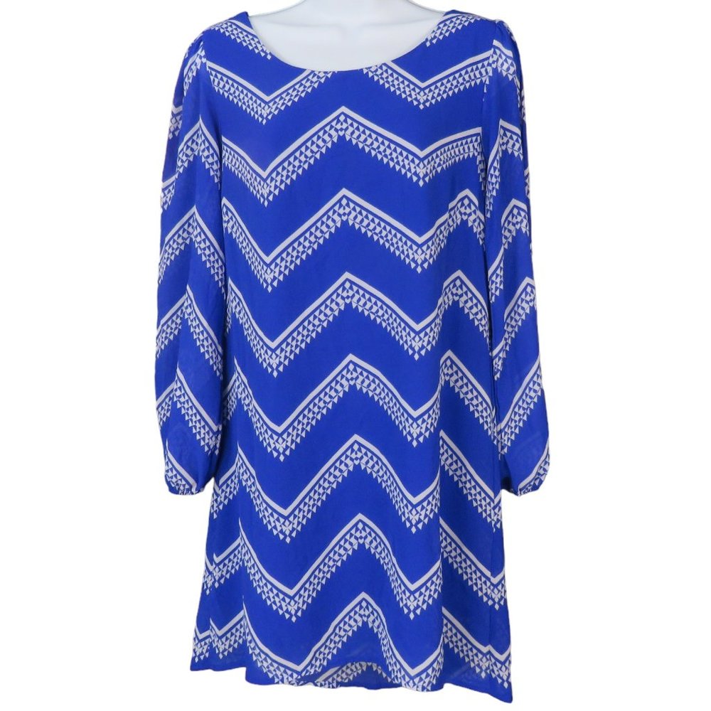 Takara Blue and White Chevron Dress with Bow Back Size S EUC